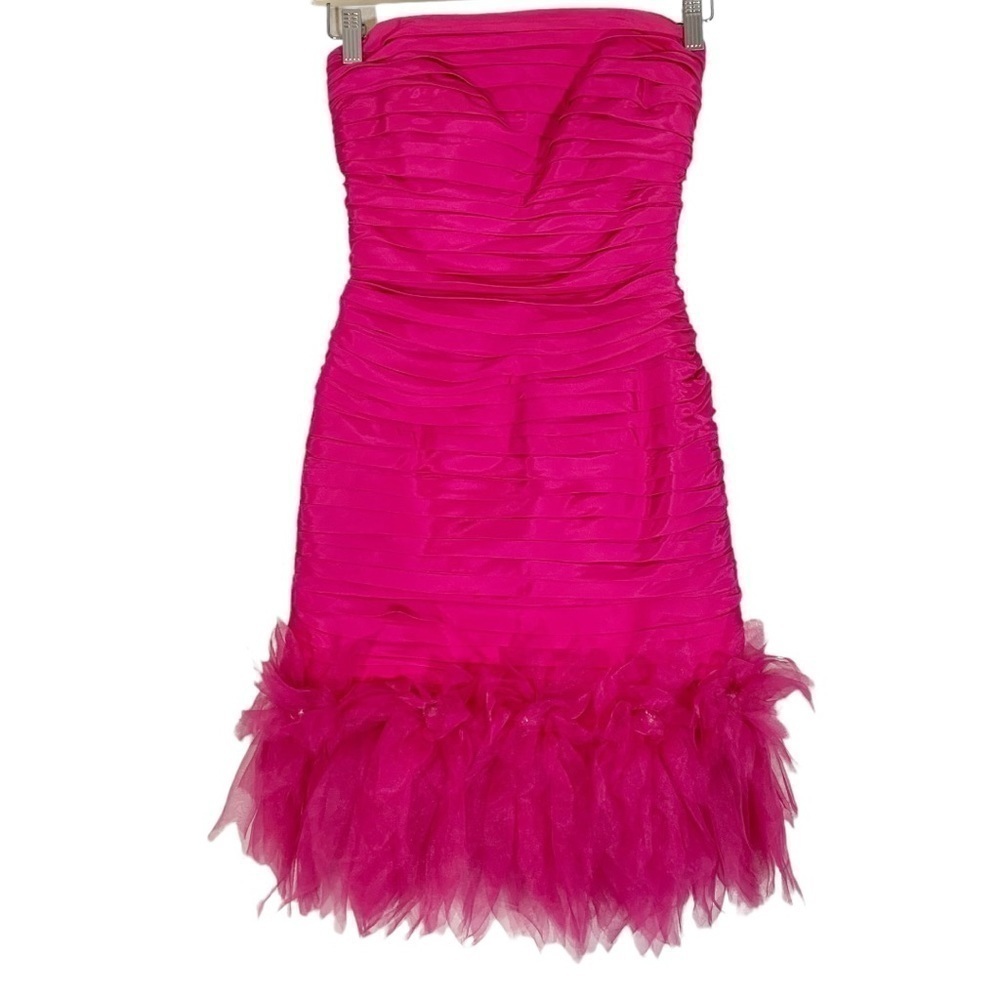 Vintage Tadashi Taffeta Strapless Feather Mini Cocktail Dress Size XS - Picture 2 of 9